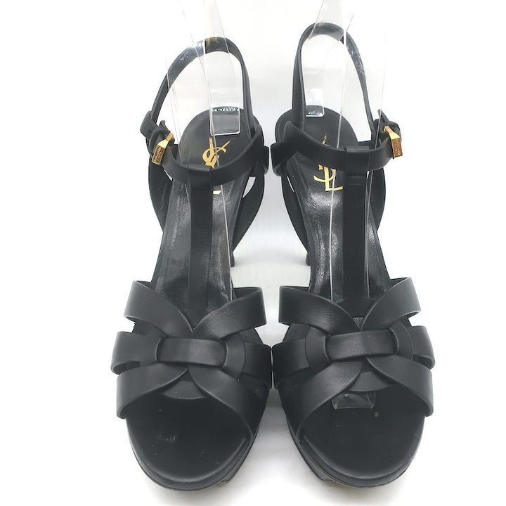 Saint Laurent Tribute 105 Platform T-Strap Sandals Black Leather Size 40