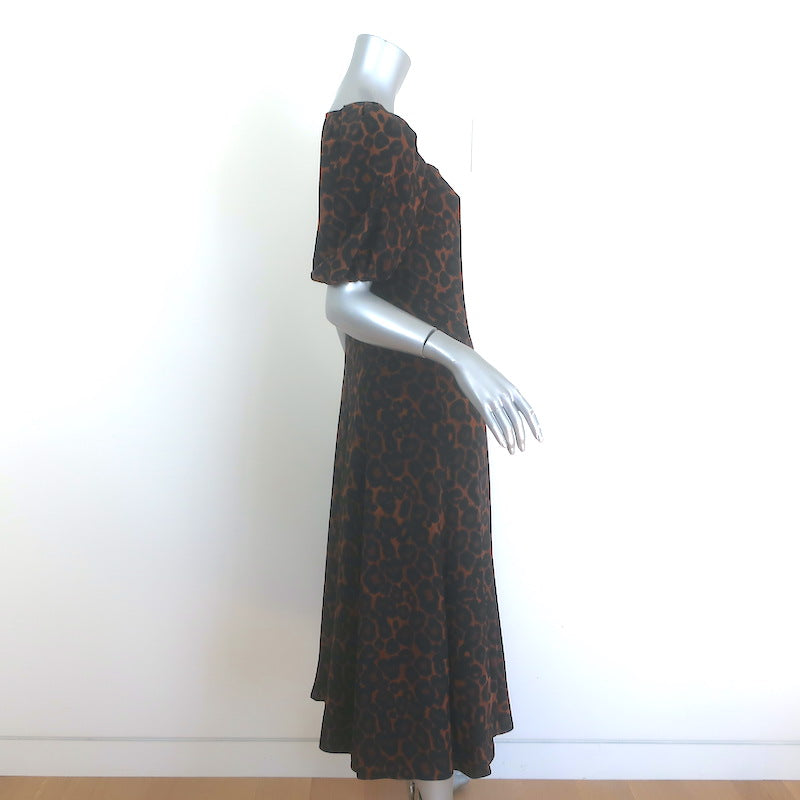Erdem Mariona Leopard Print Puff Sleeve Midi Dress Brown/Black Silk Size US 4