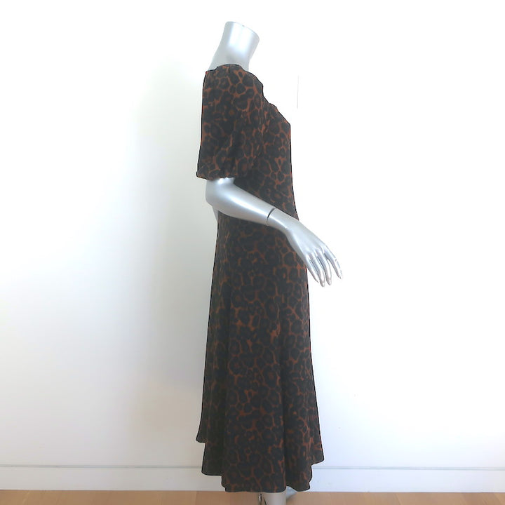 Erdem Mariona Leopard Print Puff Sleeve Midi Dress Brown/Black Silk Size US 4
