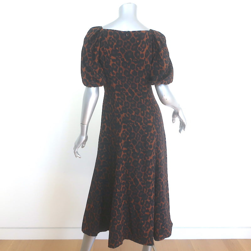 Erdem Mariona Leopard Print Puff Sleeve Midi Dress Brown/Black Silk Size US 4