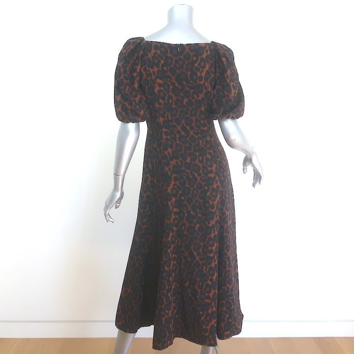 Erdem Mariona Leopard Print Puff Sleeve Midi Dress Brown/Black Silk Size US 4