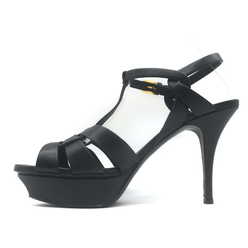 Saint Laurent Tribute 105 Platform T-Strap Sandals Black Leather Size 40
