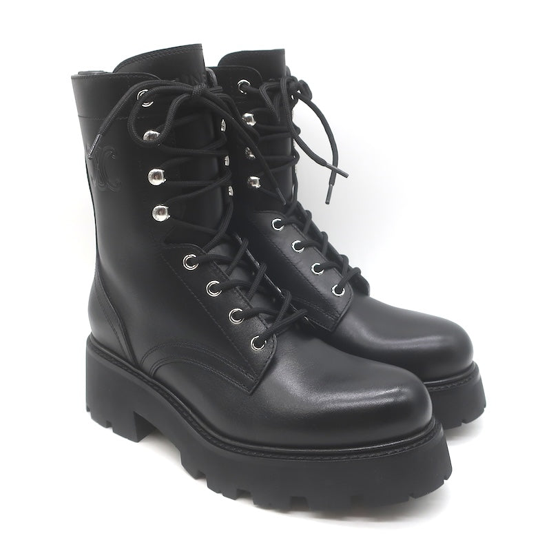 Celine Triomphe Lace-Up Platform Combat Boots Black Leather Size 38 US 9 NEW