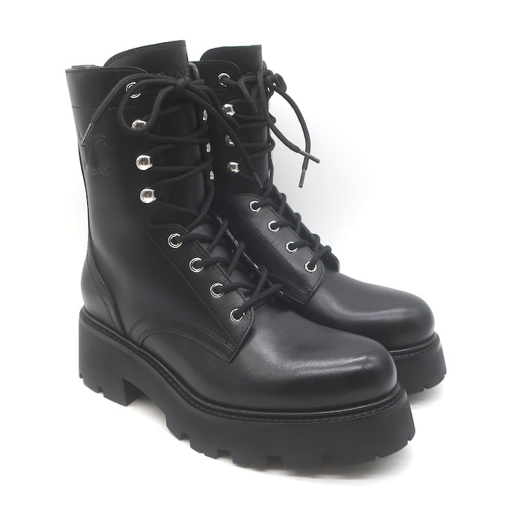 Celine Triomphe Lace-Up Platform Combat Boots Black Leather Size 38 US 9 NEW