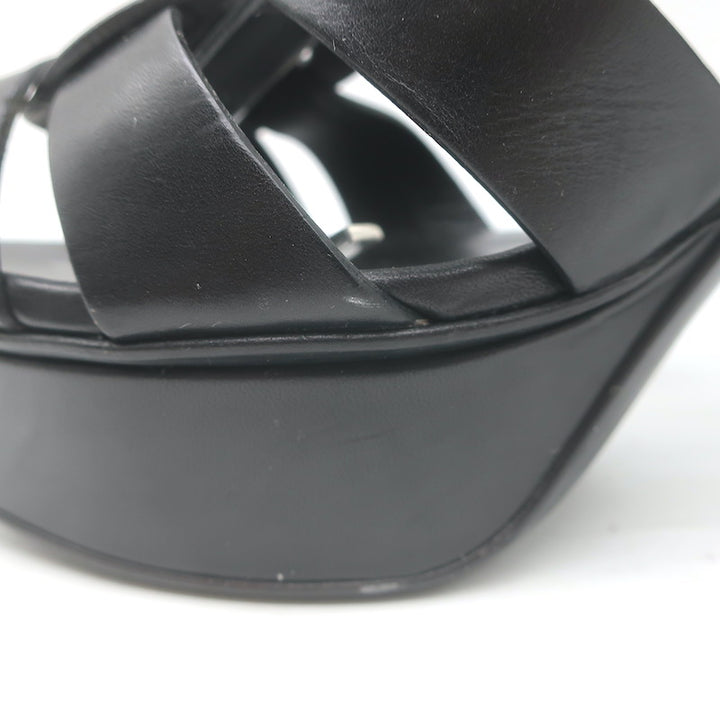 Saint Laurent Tribute 105 Platform T-Strap Sandals Black Leather Size 40