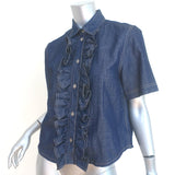 Christian Dior Ruffled Denim Shirt Indigo Size US 6 Short Sleeve Blouse