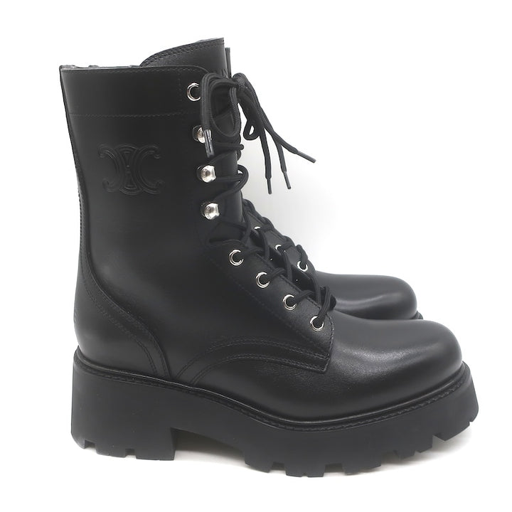 Celine Triomphe Lace-Up Platform Combat Boots Black Leather Size 38 US 9 NEW