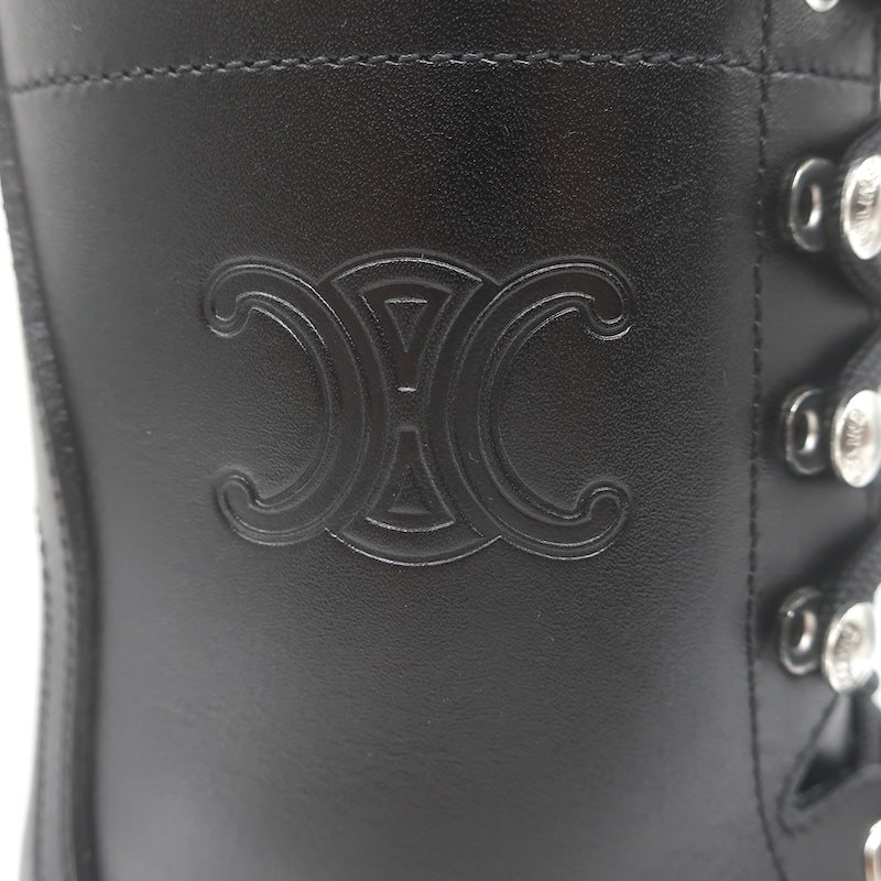 Celine Triomphe Lace-Up Platform Combat Boots Black Leather Size 38 US 9 NEW