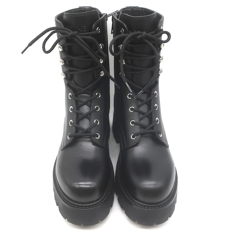 Celine Triomphe Lace-Up Platform Combat Boots Black Leather Size 38 US 9 NEW