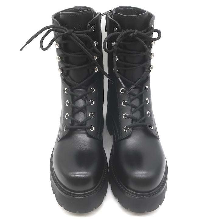 Celine Triomphe Lace-Up Platform Combat Boots Black Leather Size 38 US 9 NEW