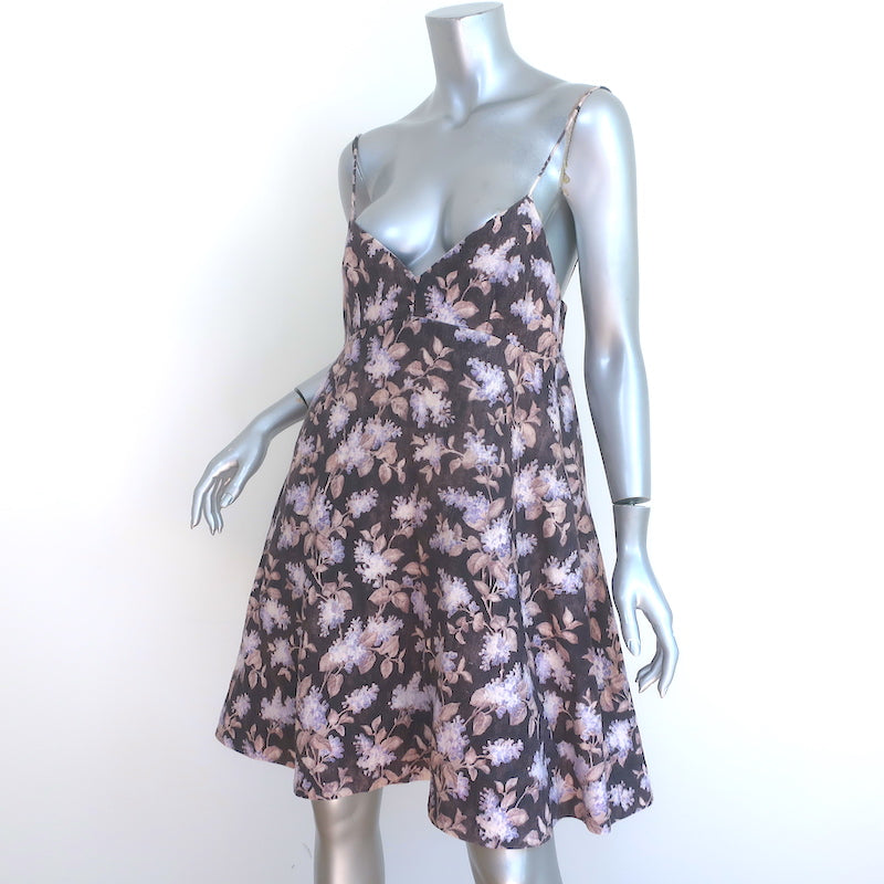 Zimmermann Stranded Sun Fit &amp; Flare Dress Black Lavender Print Linen Size 1