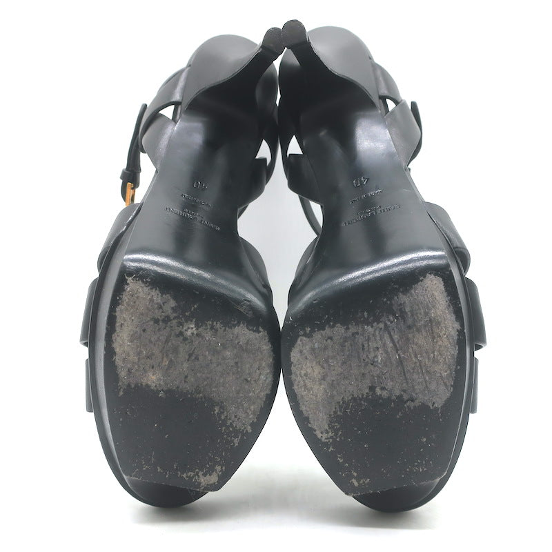 Saint Laurent Tribute 105 Platform T-Strap Sandals Black Leather Size 40