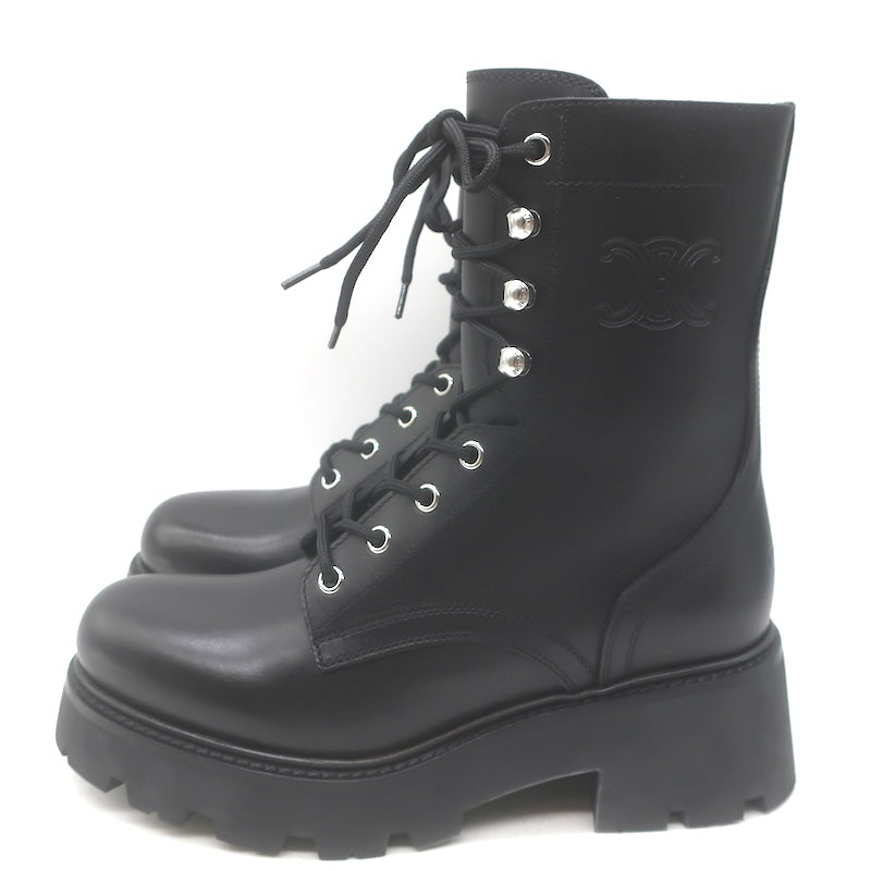 Celine Triomphe Lace-Up Platform Combat Boots Black Leather Size 38 US 9 NEW