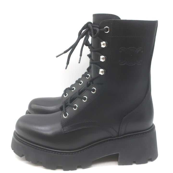 Celine Triomphe Lace-Up Platform Combat Boots Black Leather Size 38 US 9 NEW