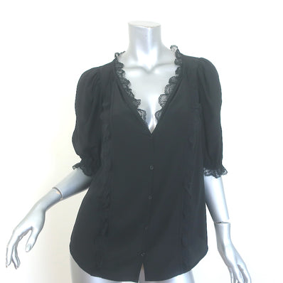 Zadig & Voltaire Theos Ruffled Lace-Trim Blouse Black Silk Size Large