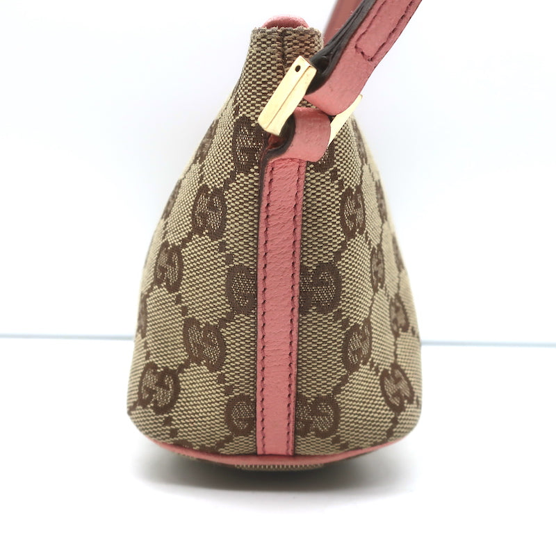 Gucci GG Boat Pochette Pink Leather-Trim Beige Canvas Mini Shoulder Bag