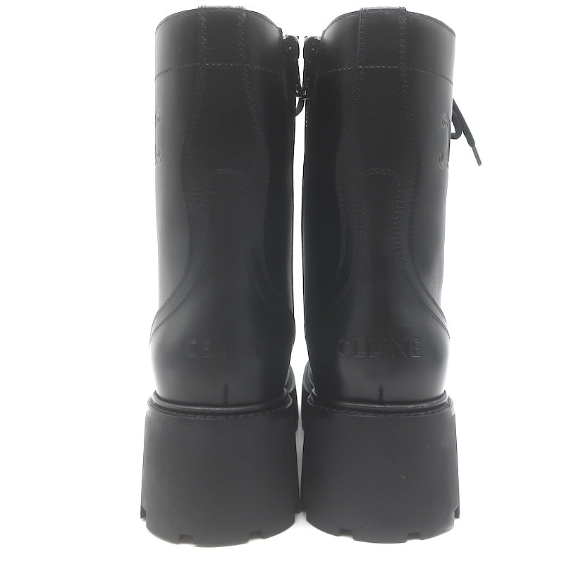 Celine Triomphe Lace-Up Platform Combat Boots Black Leather Size 38 US 9 NEW