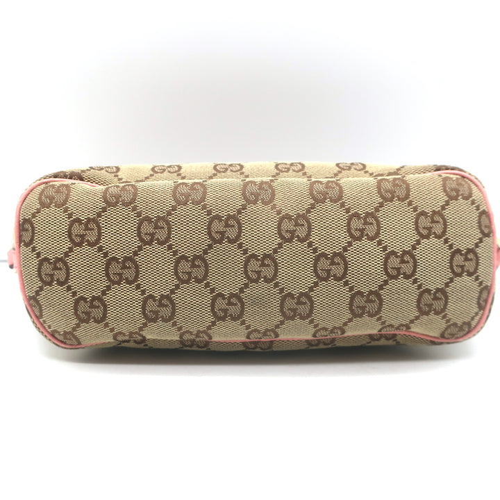 Gucci GG Boat Pochette Pink Leather-Trim Beige Canvas Mini Shoulder Bag
