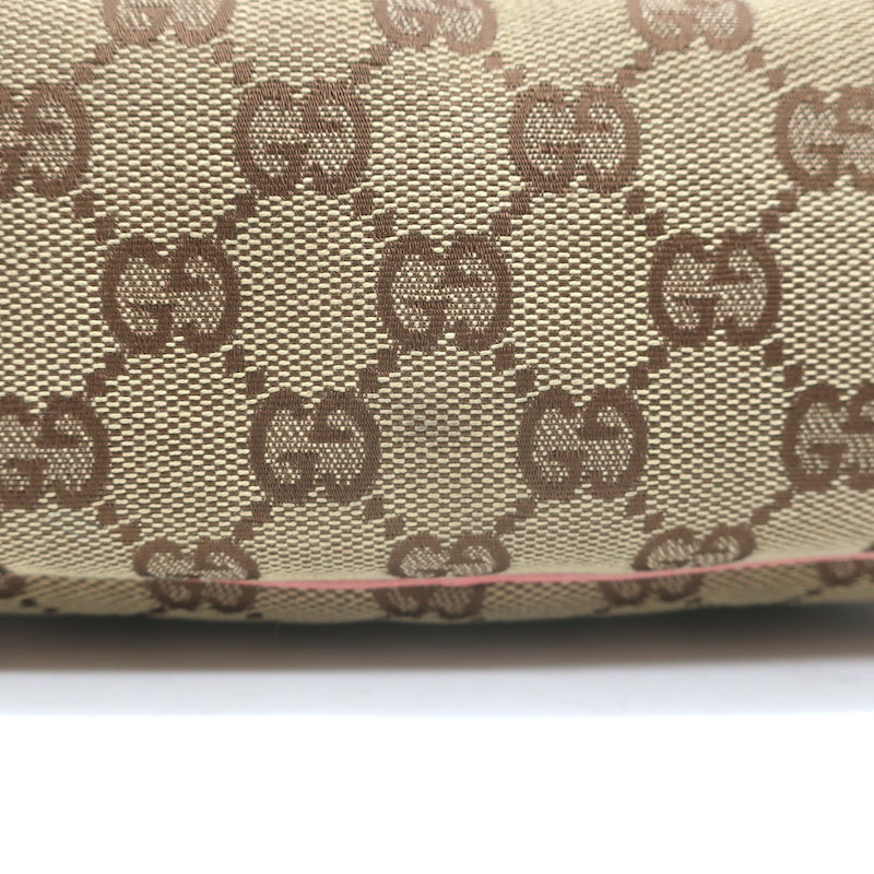 Gucci GG Boat Pochette Pink Leather-Trim Beige Canvas Mini Shoulder Bag