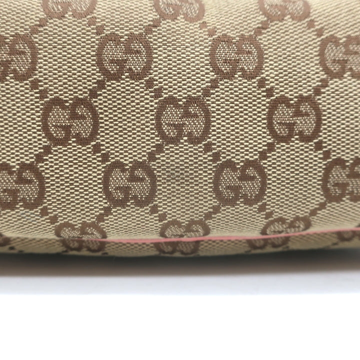 Gucci GG Boat Pochette Pink Leather-Trim Beige Canvas Mini Shoulder Bag