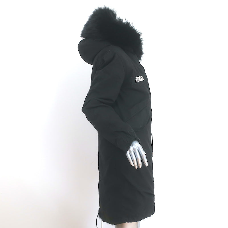 Mr &amp; Mrs Italy Army Parka Coat Black Fox Fur-Lined Cotton Canvas Size Small