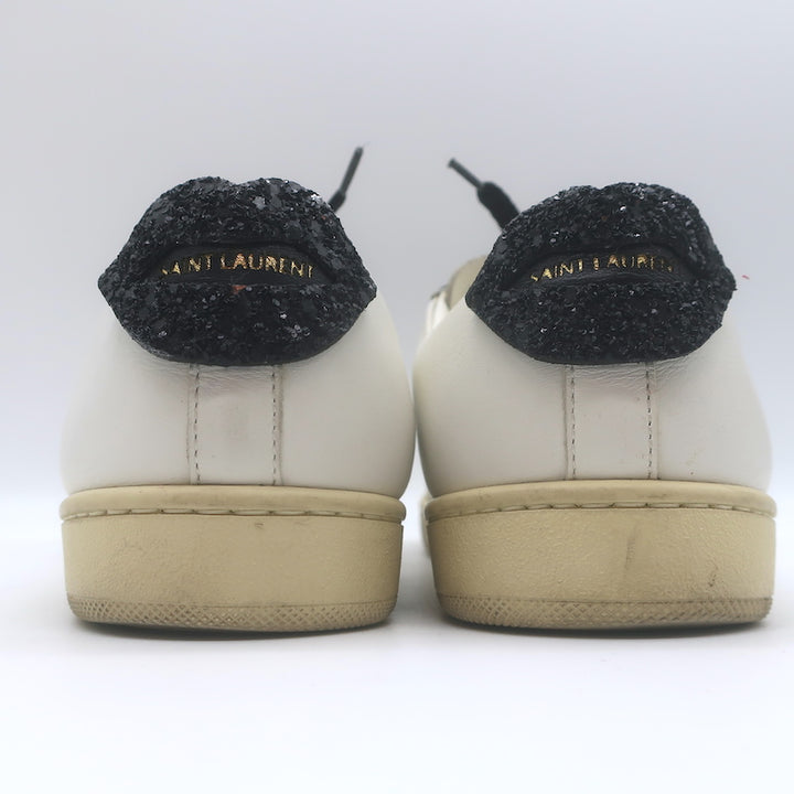 Saint Laurent Glitter Lips Court Classic Sneakers White Leather Size 37 US 8
