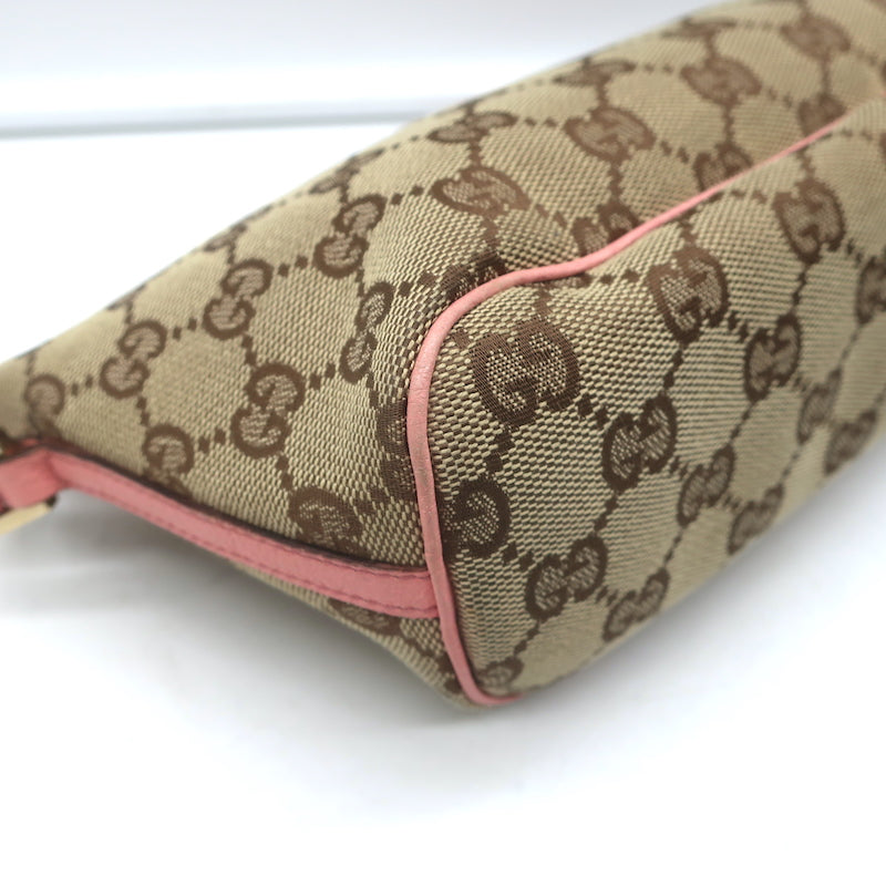 Gucci GG Boat Pochette Pink Leather-Trim Beige Canvas Mini Shoulder Bag