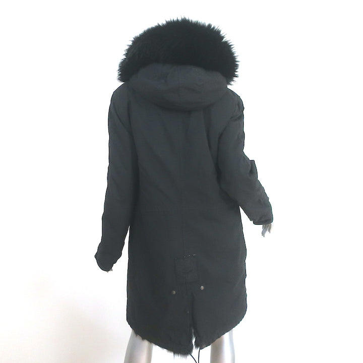 Mr &amp; Mrs Italy Army Parka Coat Black Fox Fur-Lined Cotton Canvas Size Small