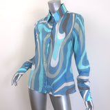 Emilio Pucci Marmo Print Shirt Blue Cotton Voile Size US 8 Long Sleeve Top
