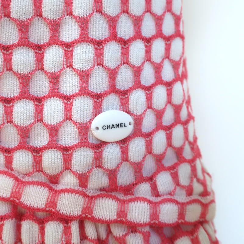 Chanel Cap Sleeve Flounce Dress Pink/White Honeycomb Knit Size 40