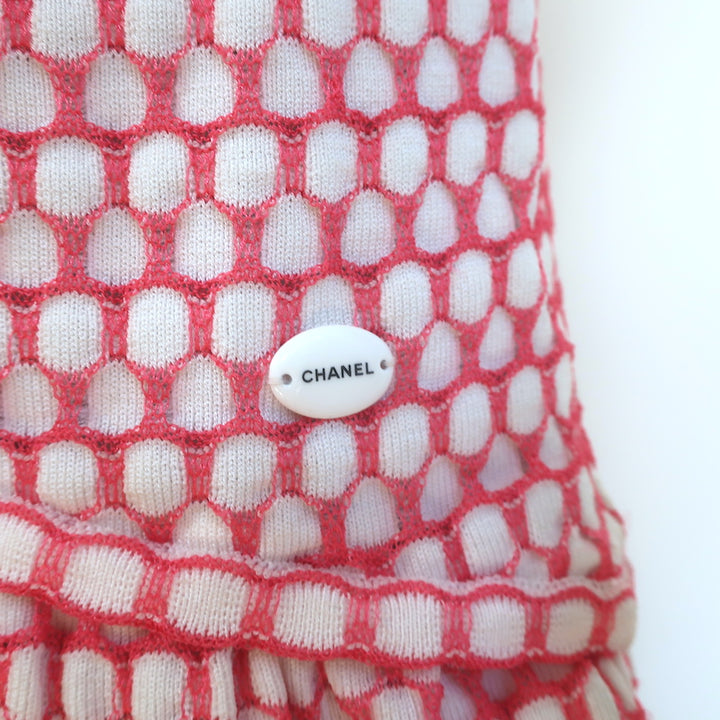Chanel Cap Sleeve Flounce Dress Pink/White Honeycomb Knit Size 40