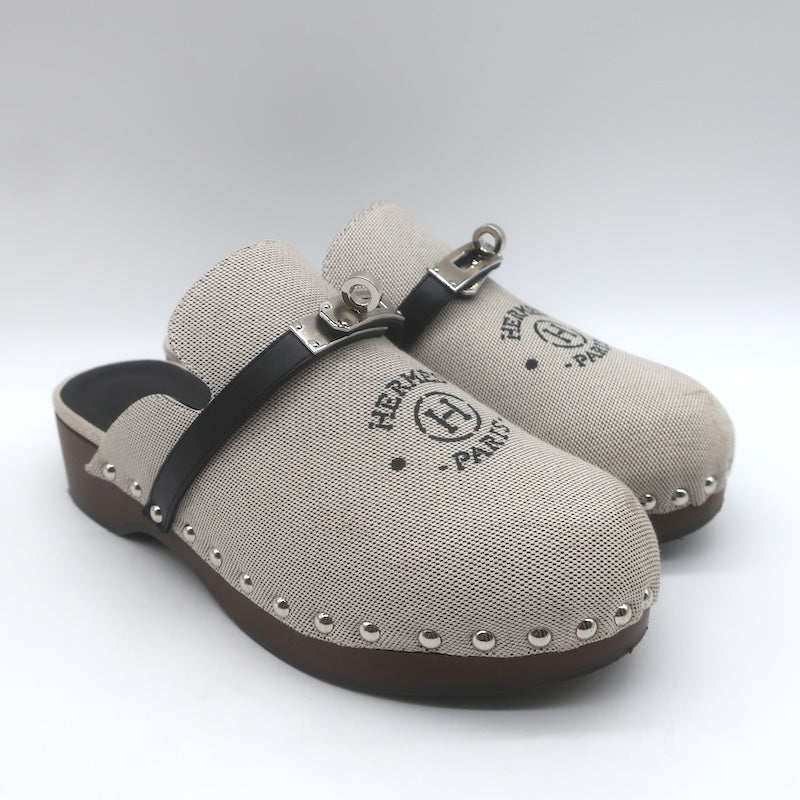 Hermes Carlotta Logo Print Canvas Clog Mules Pearl Gray Size 36