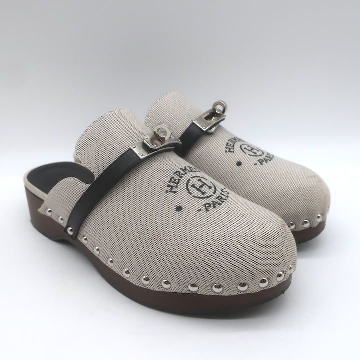 Hermes Carlotta Logo Print Canvas Clog Mules Pearl Gray Size 36
