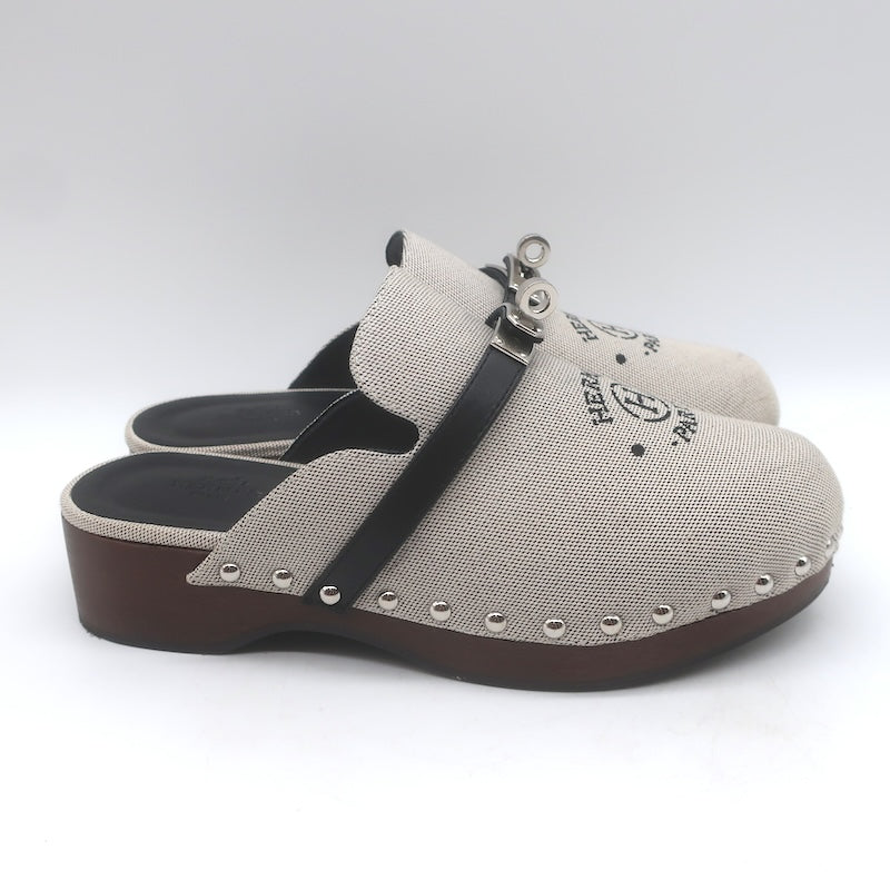 Hermes Carlotta Logo Print Canvas Clog Mules Pearl Gray Size 36