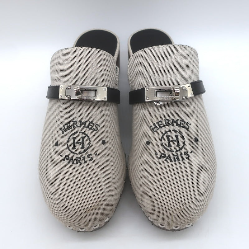 Hermes Carlotta Logo Print Canvas Clog Mules Pearl Gray Size 36