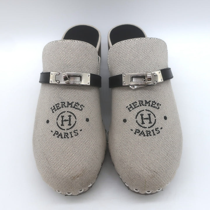 Hermes Carlotta Logo Print Canvas Clog Mules Pearl Gray Size 36