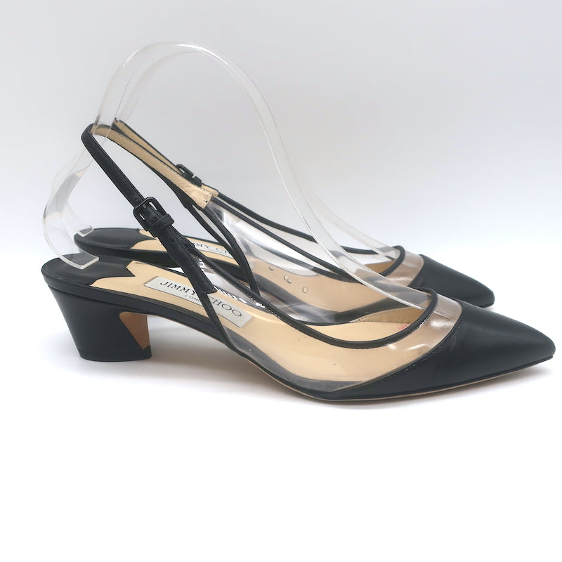 Jimmy Choo Gemma 40 Slingback Pumps Black Leather &amp; Clear Plexi Size 38.5