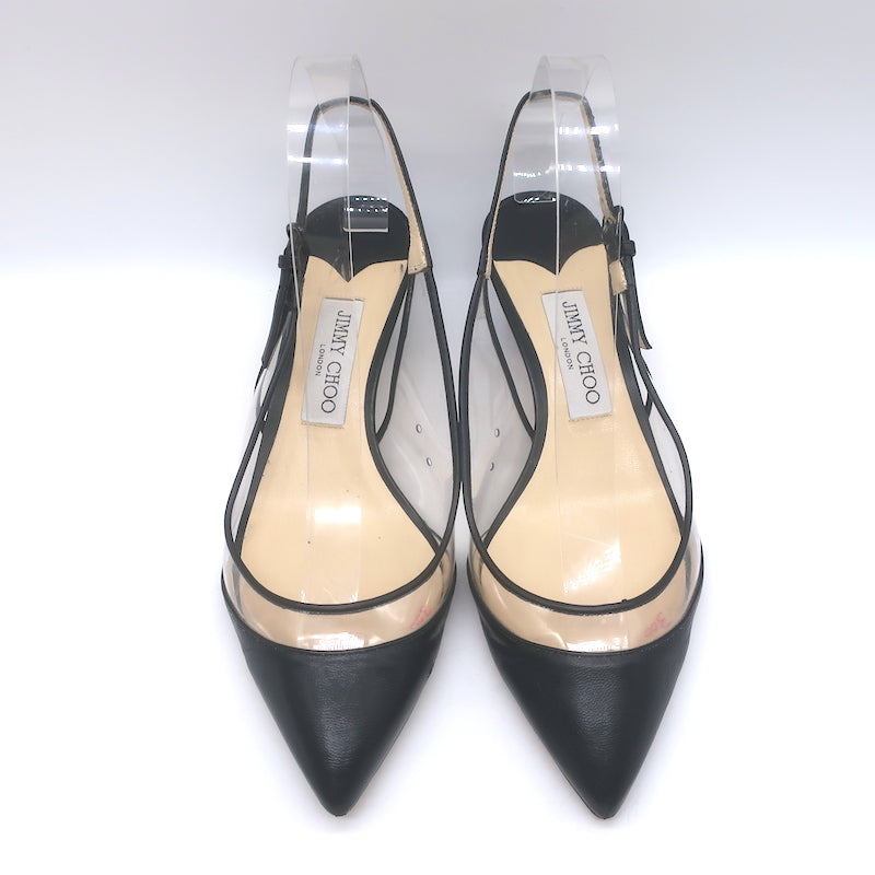 Jimmy Choo Gemma 40 Slingback Pumps Black Leather &amp; Clear Plexi Size 38.5