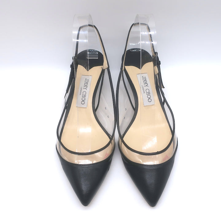 Jimmy Choo Gemma 40 Slingback Pumps Black Leather &amp; Clear Plexi Size 38.5