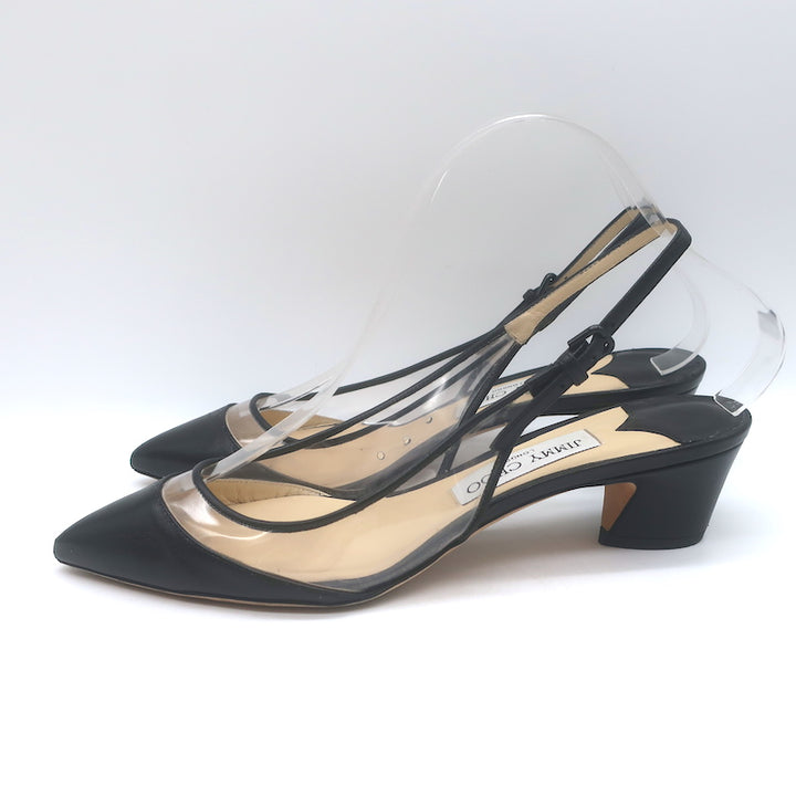 Jimmy Choo Gemma 40 Slingback Pumps Black Leather &amp; Clear Plexi Size 38.5