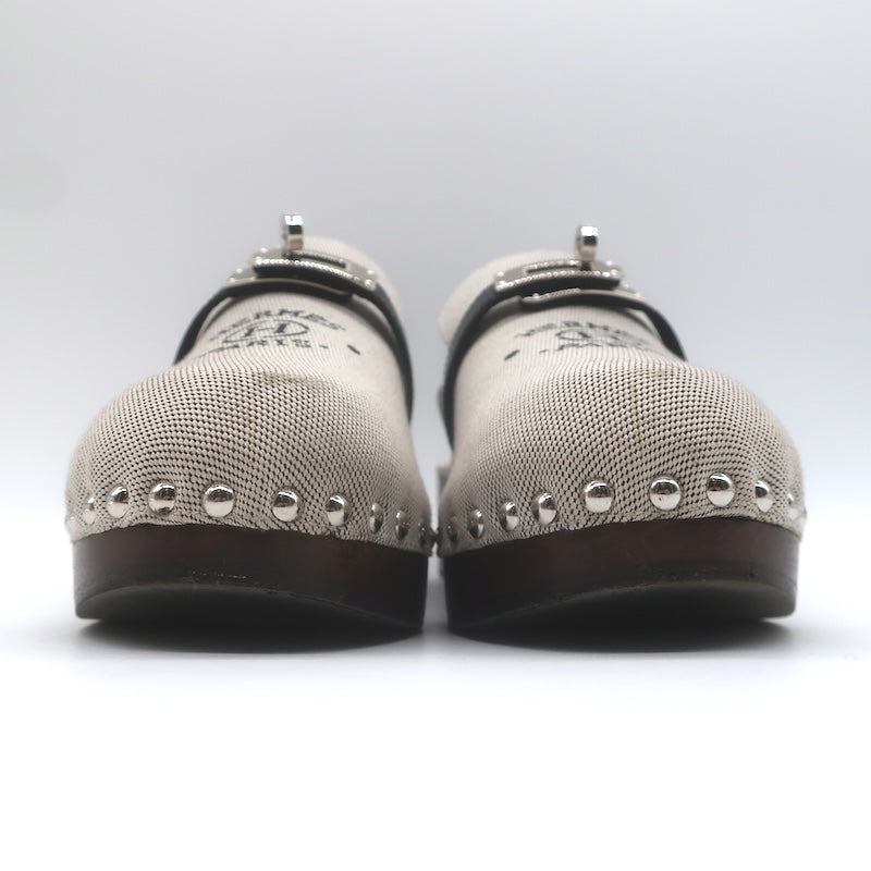 Hermes Carlotta Logo Print Canvas Clog Mules Pearl Gray Size 36