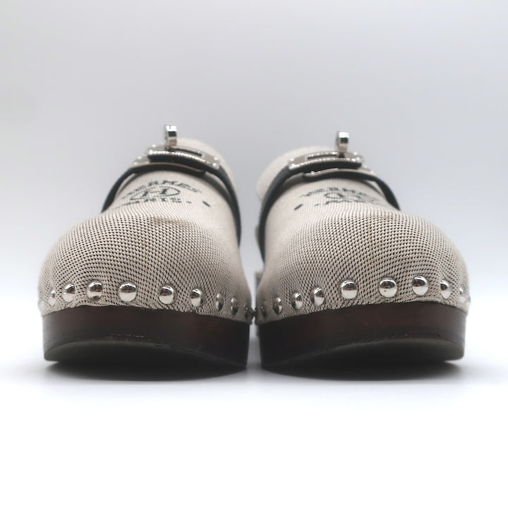 Hermes Carlotta Logo Print Canvas Clog Mules Pearl Gray Size 36