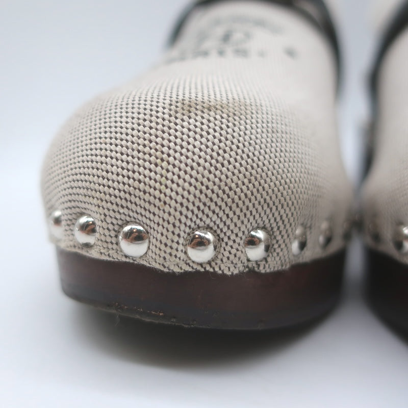 Hermes Carlotta Logo Print Canvas Clog Mules Pearl Gray Size 36