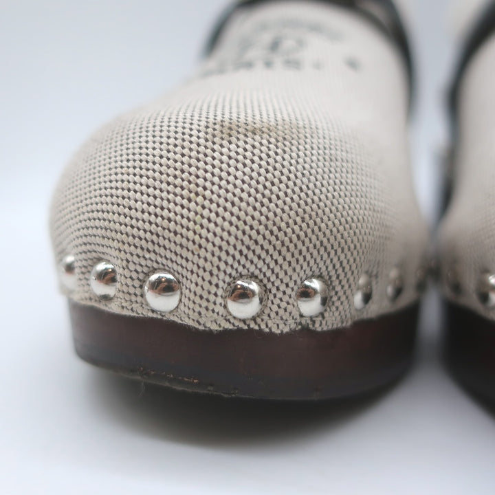 Hermes Carlotta Logo Print Canvas Clog Mules Pearl Gray Size 36