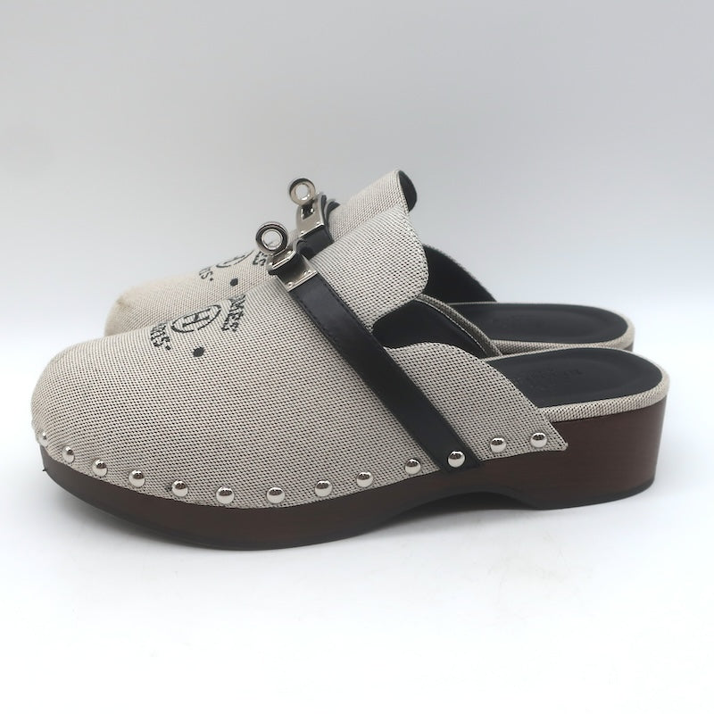 Hermes Carlotta Logo Print Canvas Clog Mules Pearl Gray Size 36