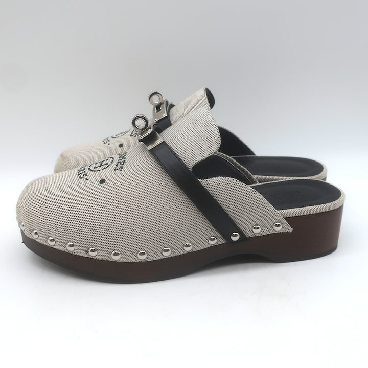 Hermes Carlotta Logo Print Canvas Clog Mules Pearl Gray Size 36