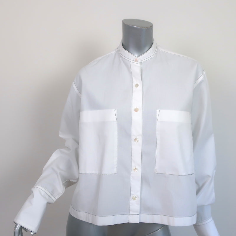 Yune Ho Button Down Shirt White Topstitched Cotton Size Small Long
