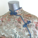 Vintage Lauhala Hawaii Cheongsam Midi Dress Sage Embroidered Silk Size Medium