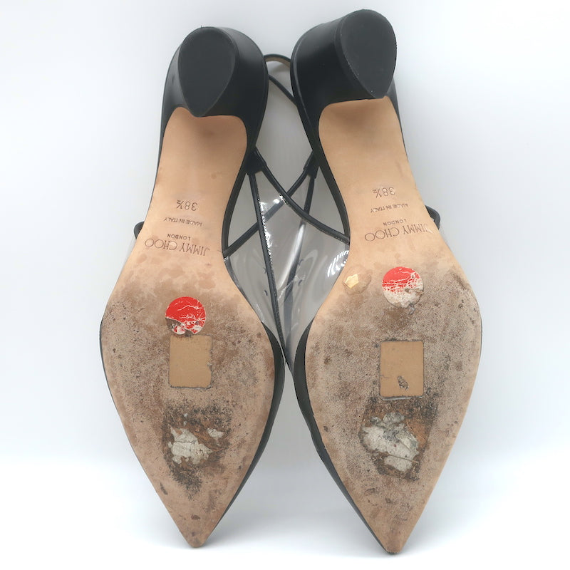 Jimmy Choo Gemma 40 Slingback Pumps Black Leather &amp; Clear Plexi Size 38.5