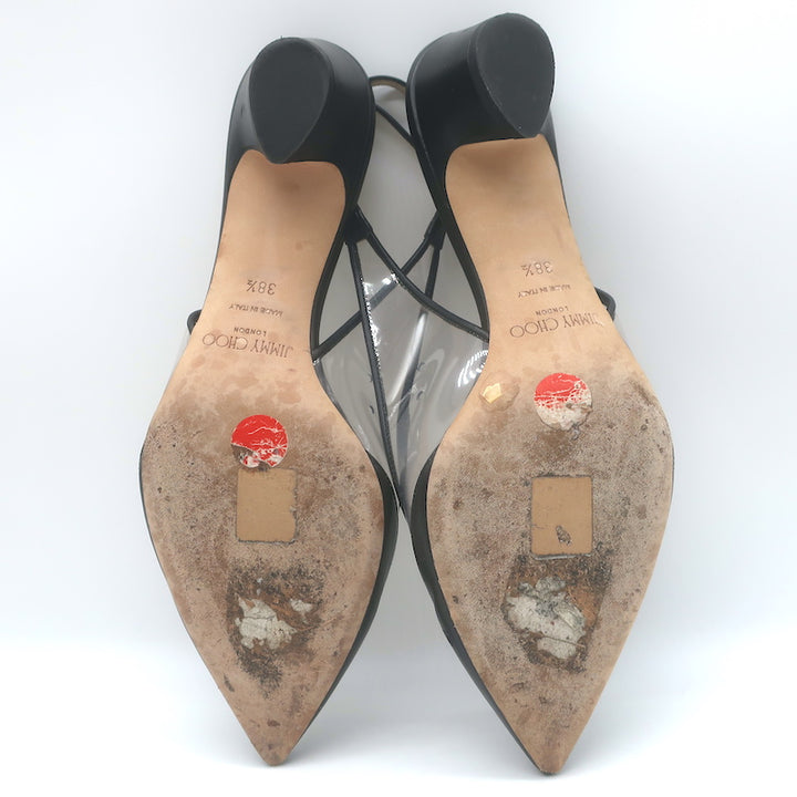 Jimmy Choo Gemma 40 Slingback Pumps Black Leather &amp; Clear Plexi Size 38.5